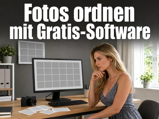 Monitor mit leerem Bilderraster, Digitalkamera und Fotoabzuegen als Symbol fuer eine kostenlose Bilderverwaltung