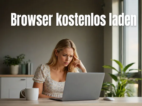 Frau am Laptop mit leerem Browserfenster, Schriftzug Browser kostenlos laden