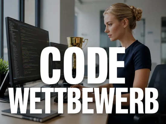 Programmiererin am Monitor mit Quellcode und goldenem Pokal als Symbol fuer einen Programmierwettbewerb