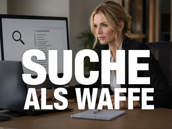 Blonde Geschaeftsfrau vor einem Monitor mit Suchmaske und langer Trefferliste, Schriftzug Suche als Waffe
