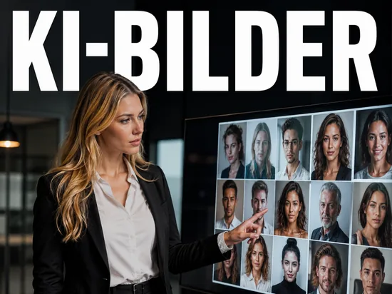 Blonde Geschaeftsfrau vor KI-generierten Portraets, Symbolbild KI-erzeugte Menschenbilder