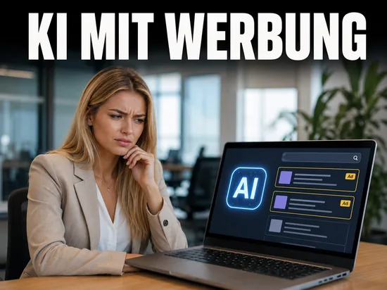 Blonde Geschaeftsfrau blickt skeptisch auf Laptop mit KI-Suchergebnissen und markierten Werbeanzeigen, Schriftzug KI mit Werbung