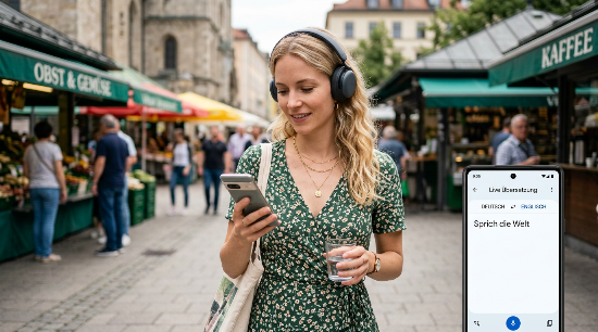 Blonde Frau mit Kopfhörern nutzt Google Live Translate zur Echtzeit-Übersetzung auf dem Smartphone