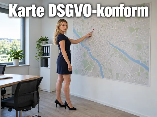 Frau zeigt im Büro auf eine Stecknadel in einer großen Stadtkarte an der Wand, darüber der Schriftzug Karte DSGVO-konform