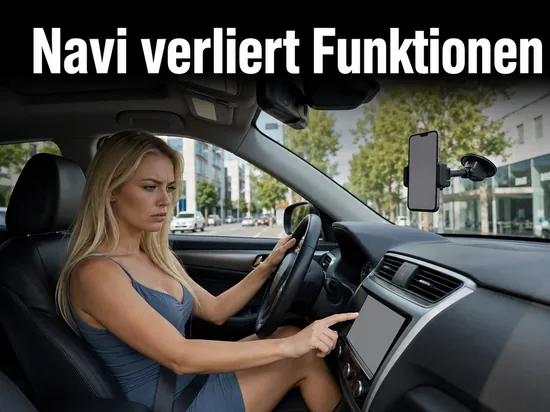 Autoinnenraum mit Smartphone in einer Handyhalterung an der Windschutzscheibe