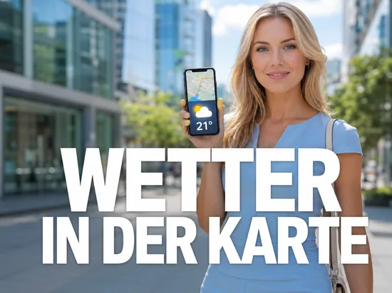 Frau mit Smartphone, auf dem eine Kartenansicht mit Wetteranzeige zu sehen ist
