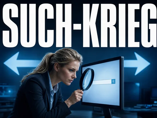 Neuer Suchdienst als Reaktion im Suchmaschinen-Wettstreit, Geschäftsfrau mit Lupe vor einer Suchleiste am Computer