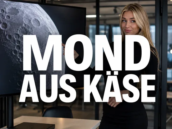 Blonde Geschaeftsfrau schmunzelt vor Bildschirm mit Mondkarte voller Krater, Schriftzug Mond aus Kaese