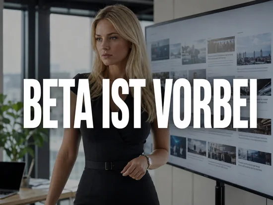 Blonde Geschaeftsfrau vor Monitor mit Nachrichtenuebersicht, Schriftzug Beta ist vorbei