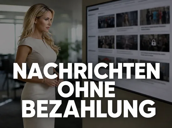 Geschaeftsfrau vor Monitor mit Nachrichtenuebersicht und Schloss-Symbol als Symbol fuer kostenpflichtige Artikel