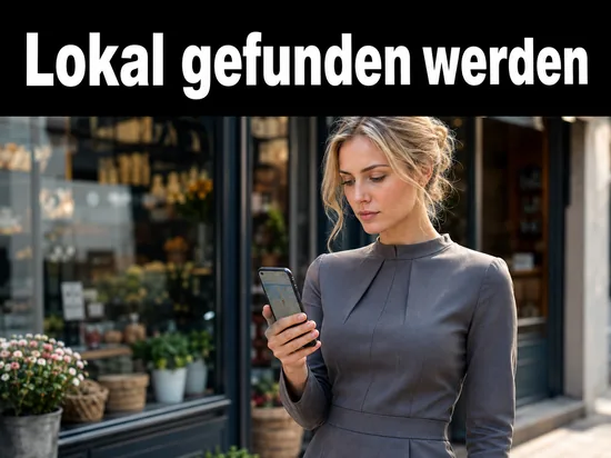 Frau vor ihrem Ladengeschäft prüft ihren Karteneintrag auf dem Smartphone