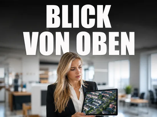 Blonde Geschaeftsfrau haelt Tablet mit Luftbild-Ansicht von Wohnhaeusern aus der Vogelperspektive, Schriftzug Blick von oben