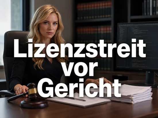 Geschaeftsfrau mit Richterhammer und Vertragsstapel neben einem Monitor mit Programmcode als Symbol fuer einen Rechtsstreit um Open-Source-Lizenzen