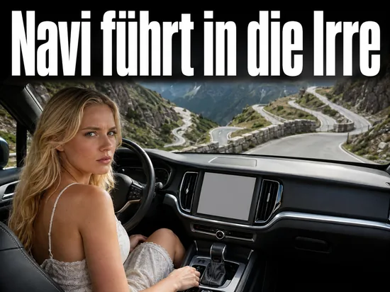 Navigationsbildschirm auf der Mittelkonsole eines Autos vor einer kurvigen Bergstraße