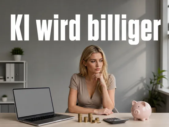 Notebook mit leerem Bildschirm neben Muenzstapeln und Taschenrechner