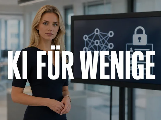 Geschaeftsfrau vor Bildschirm mit neuronalem Netz und Vorhaengeschloss als Symbol fuer einen KI-Zugang nur fuer wenige Partner