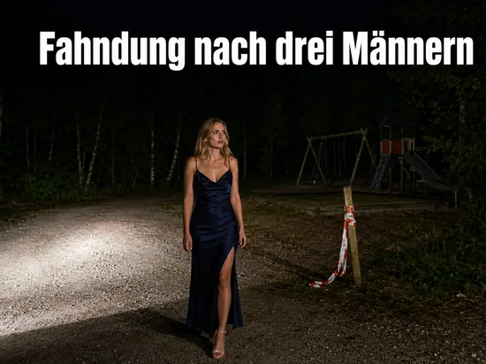 Frau nachts an einem Waldparkplatz mit Absperrband und Spielplatz: Polizei fahndet nach drei Taetern in Grafenberg