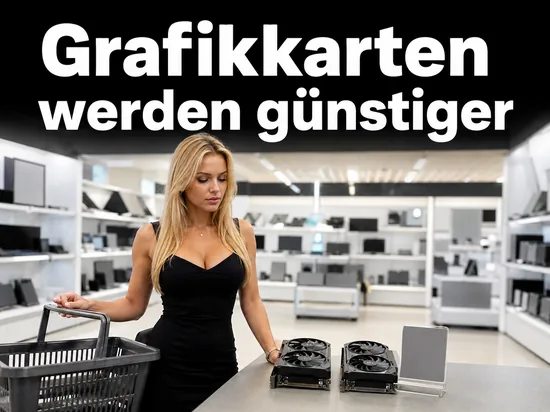 Frau mit Einkaufskorb vor zwei Grafikkarten im Elektronikmarkt