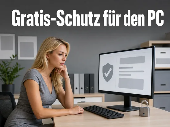 Monitor mit Schutzschild-Symbol und Vorhaengeschloss als Symbol fuer kostenlosen Schutz vor Viren und Wuermern