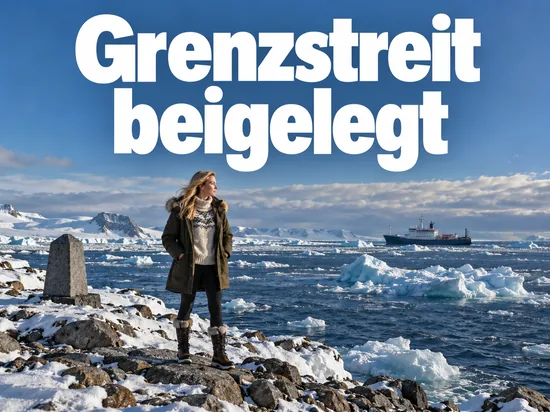 Frau im Wintermantel steht an der verschneiten Küste des Nordpolarmeers neben einem Grenzstein, im Hintergrund Eisschollen und ein Schiff