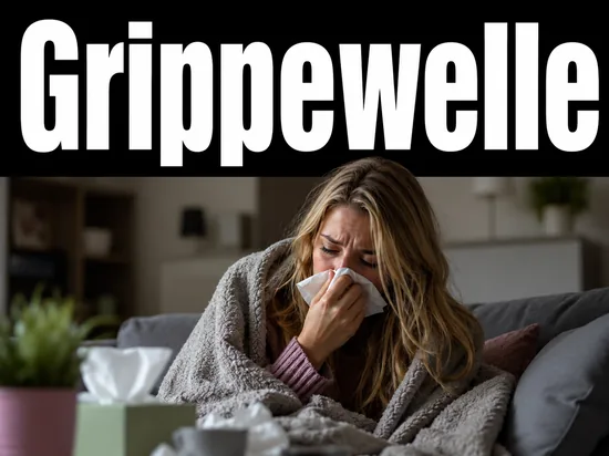 Junge blonde Frau ist an Grippe erkrankt, in eine Decke gehuellt und putzt sich die Nase