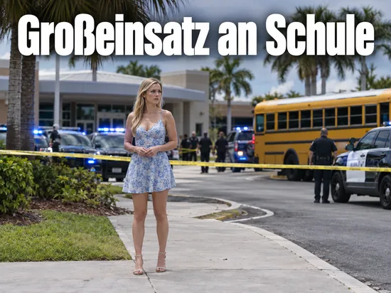Frau vor einer abgesperrten Schule mit Palmen, Schulbus und Polizeiwagen mit Blaulicht