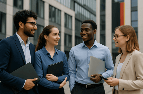 Gruppe junger, internationaler Fachkr&auml;fte mit Laptops und Smartphone vor einem modernen B&uuml;rogeb&auml;ude in Deutschland, dezente Deutschlandfarben im Hintergrund.