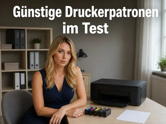 Frau am Schreibtisch mit Tintenpatronen und Drucker