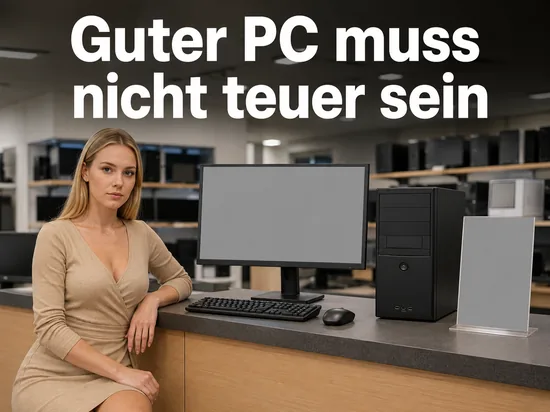 Frau im Elektronikmarkt an einem Komplett-PC mit Monitor