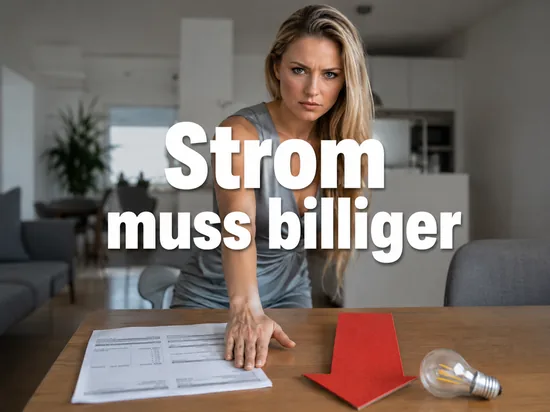 Stromrechnung, roter Pfeil nach unten und Gluehbirne auf einem Tisch, davor eine Frau mit forderndem Blick
