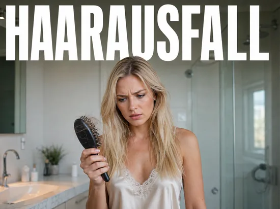 Blonde Frau betrachtet besorgt Haarausfall an einer Haarbuerste