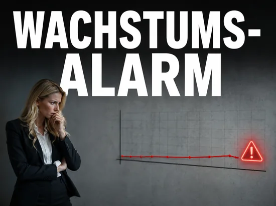 Besorgte blonde Geschaeftsfrau vor stagnierendem Wirtschaftskurs, Symbolbild Wachstums-Alarm