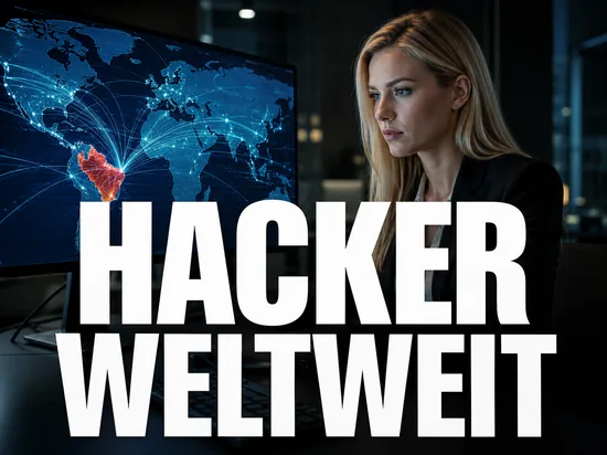 Blonde Geschaeftsfrau vor einem Monitor mit Weltkarte und markierter Region in Suedamerika, Schriftzug Hacker weltweit