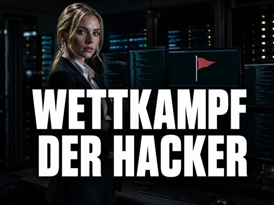 Blonde Geschaeftsfrau im Serverraum vor Monitoren mit Code und einem roten Fahnensymbol, Schriftzug Wettkampf der Hacker