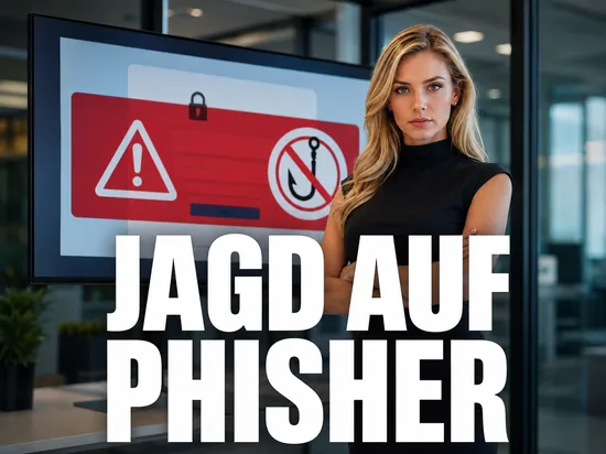 Blonde Geschaeftsfrau vor Monitor mit Warnhinweis ueber gefaelschter Bankseite und durchgestrichenem Angelhaken, Schriftzug Jagd auf Phisher