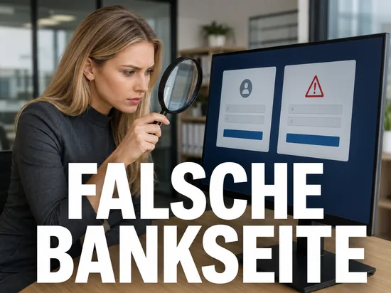 Blonde Frau prueft mit Lupe zwei nahezu identische Anmeldeseiten am Monitor, Schriftzug Falsche Bankseite