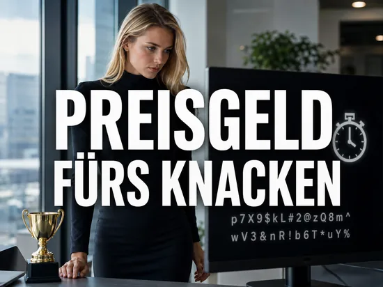 Blonde Frau vor Monitor mit verschluesseltem Text und Stoppuhr neben goldenem Pokal, Schriftzug Preisgeld fuers Knacken