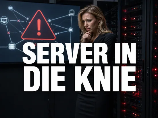 Besorgte blonde Geschäftsfrau im Serverraum vor einem Bildschirm mit Warndreieck und Netzwerk-Diagramm als Symbol für eine DoS-Attacke auf Webseiten