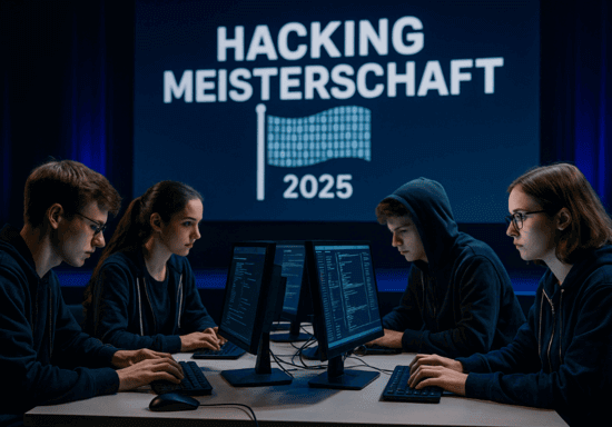 Vier junge Teilnehmer sitzen bei der Hacking Meisterschaft 2025 in dunkler Umgebung an Computern, im Hintergrund das Event-Logo auf einer Leinwand.