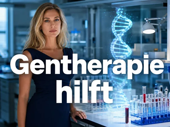 Leuchtende DNA-Doppelhelix als Hologramm ueber einem Labortisch mit Reagenzglaesern und Blutprobe, davor eine Frau