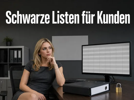 Monitor mit leerer Datenbanktabelle, Aktenordner und Vorhaengeschloss als Symbol fuer schwarze Listen im Handel