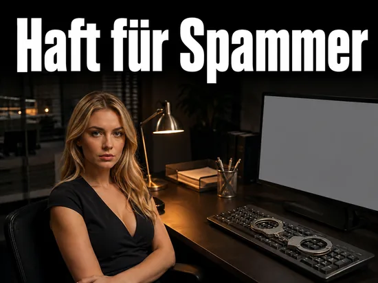 Frau sitzt an einem Schreibtisch mit Handschellen auf der Tastatur