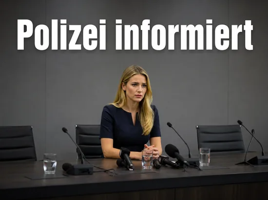 Frau an einem Tisch mit Mikrofonen bei einer Pressekonferenz: Polizei informiert ueber den Ermittlungsstand