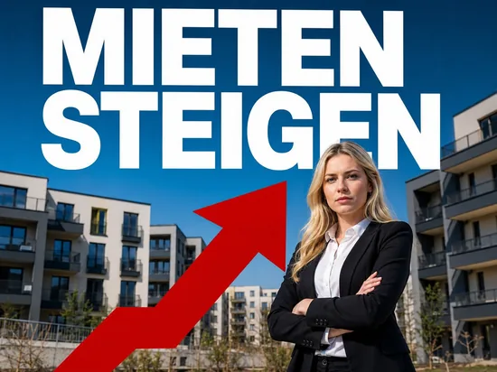 Blonde Geschaeftsfrau vor Wohnhaeusern mit rotem Aufwaertspfeil, Symbolbild steigende Mieten