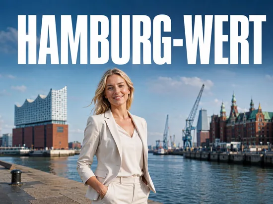Laechelnde blonde Geschaeftsfrau vor der Hamburger Hafen-Skyline mit Elbphilharmonie und Speicherstadt, Symbolbild enormer Immobilienwert der Hansestadt