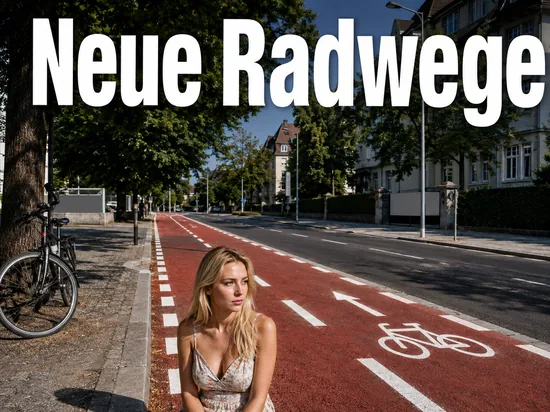 Rot markierter Radweg entlang einer Stadtstraße mit neuen Fahrbahnmarkierungen
