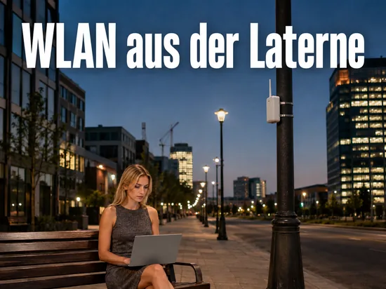 Frau mit Notebook auf einer Bank unter einer Straßenlaterne mit Funksender