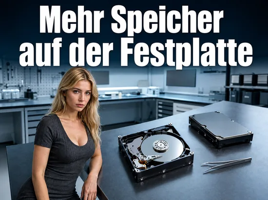 Frau im Labor mit geöffneter Festplatte und Pinzette