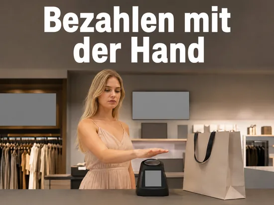 Offene Handflaeche ueber einem Bezahlterminal an einer Ladentheke