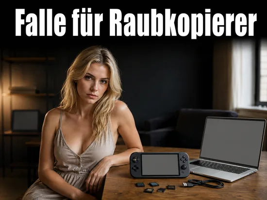 Tisch mit Handheld-Konsole, Speicherkarten und Notebook